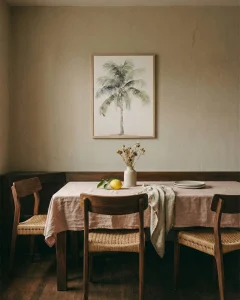 Coastal palm canvas wall art styled in a minimal dining space.