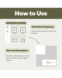 Step-by-step screenshots demonstrating how to use the VeeArt online custom framing editor to select sizes, upload photos, and choose mat orientation.