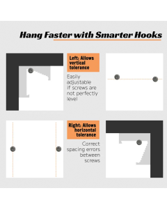 Diagram illustrating the built-in vertical and horizontal adjustability of VeeArt's smarter hooks, allowing for easy leveling even if wall screws are not perfectly placed.