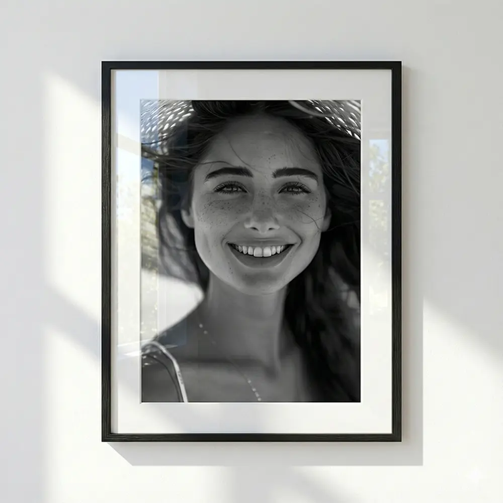 Black framed black and white photos of a smiling woman with freckles wearing a straw hat, hanging on a white wall with natural window light shadows and reflections on the frame's glass.