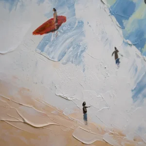 Macro shot of surfers and orange surfboard on 3d wall art australia