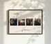Framed wedding and travel photo collage hanging on a white wall with shadow play.
