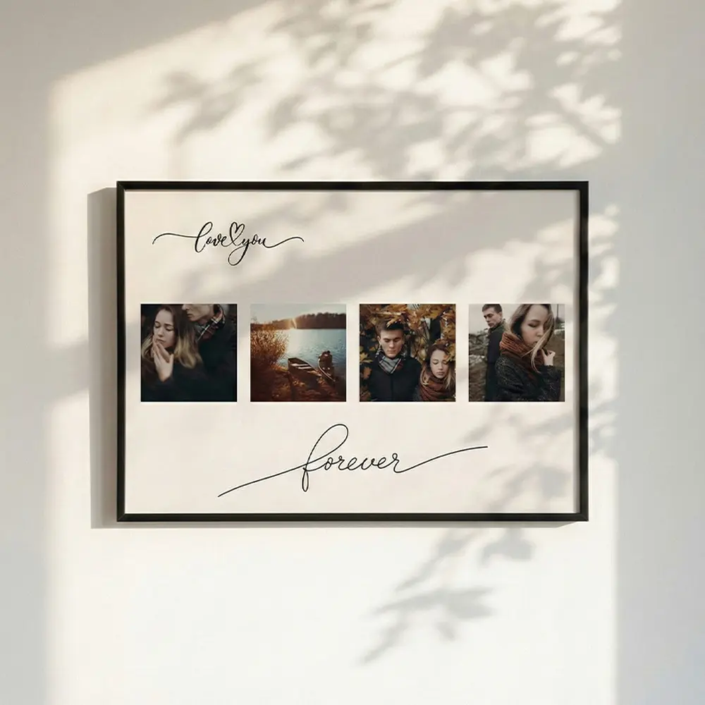 Framed wedding and travel photo collage hanging on a white wall with shadow play.