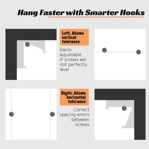 Diagram of VeeArt smart hanging system allowing vertical and horizontal adjustment for frames.