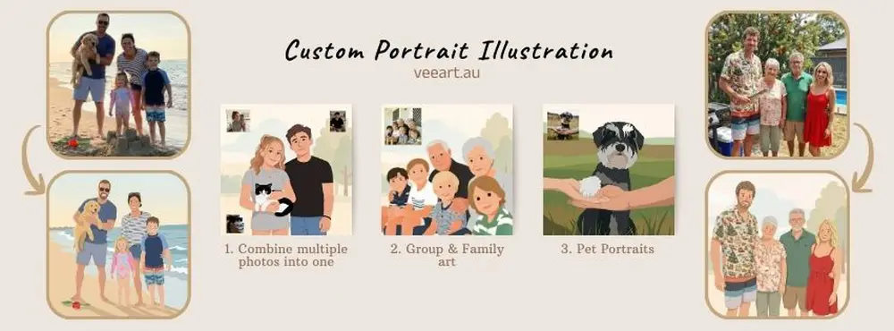 VeeArt banner showing how to combine multiple photos into one custom portrait illustration including pets and family groups.