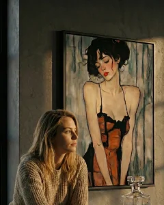 Portrait artwork in a sleek black frame on a moody wall