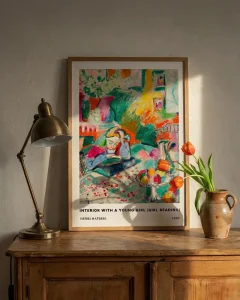 picture frame sizes Framed poster with acrylic glass and matboard on a vintage cabinet