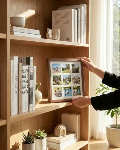 Small beechwood frame being placed on a bookshelf