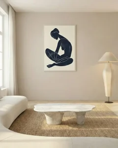Vertical navy blue abstract figure art hanging at the 145cm centre rule height in a minimalist Australian living room.