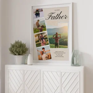 White wooden picture frame with a personalized father and son photo collage design.