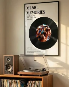 Custom music lyrics poster with vinyl record art framed in a black 50x70cm picture frame size.