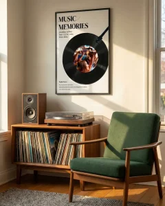 Custom music lyrics poster with vinyl record art framed in a black 50x70cm picture frame size.