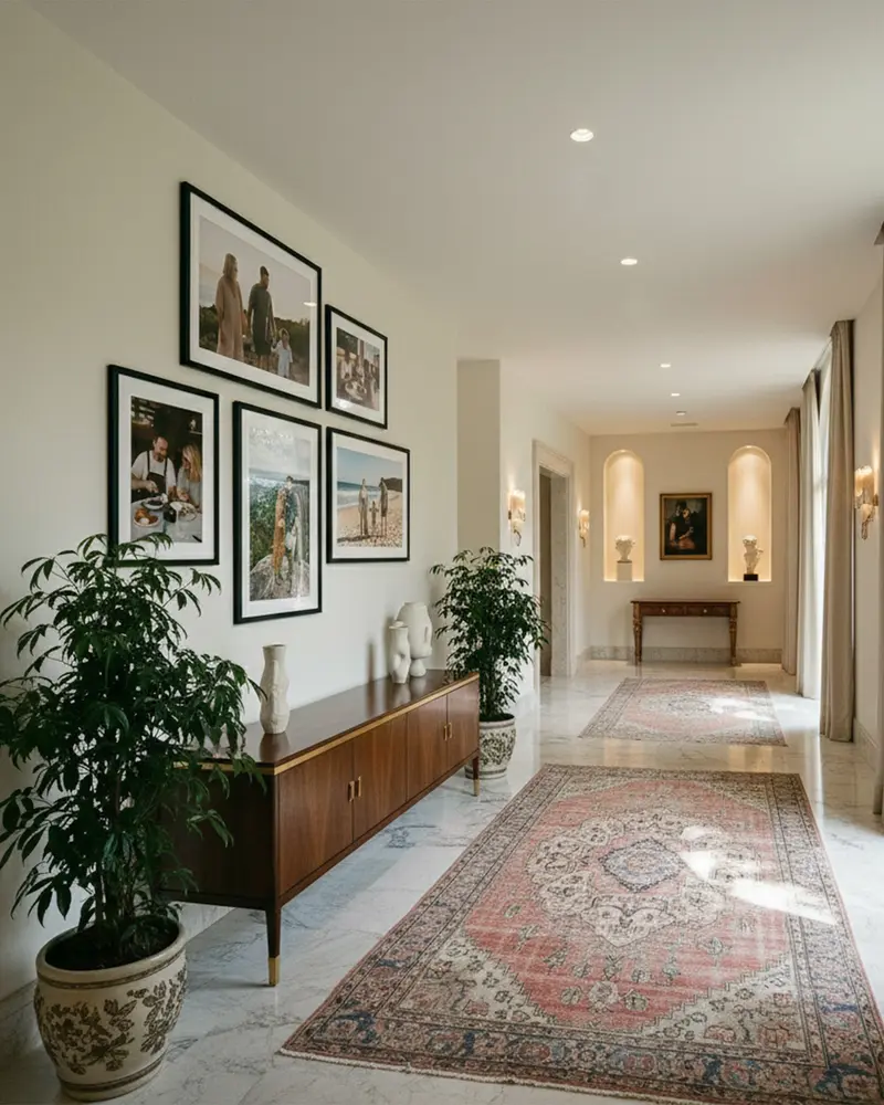 Hallway gallery wall featuring a mix of large and medium picture frame sizes in black.