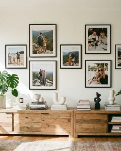 Modern living room featuring a grid of six square photo frame sizes with white mat boards.