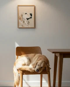 Framed pet portrait of a golden retriever on a chair.