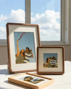 Trio of single and collage frames on a table near a window.