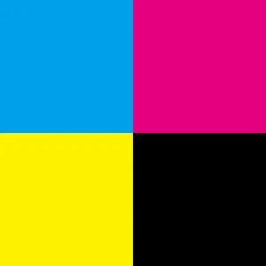 CMYK subtractive color model chart displaying Cyan, Magenta, Yellow, and Key (Black) ink colors for standard offset printing.