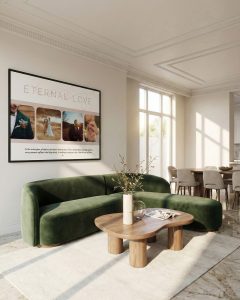 Large abstract wall art in slim aluminium frame in modern minimalist living room.