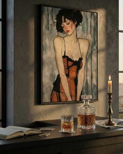 Modern portrait art in black metal frame in dark industrial style interior with concrete walls.