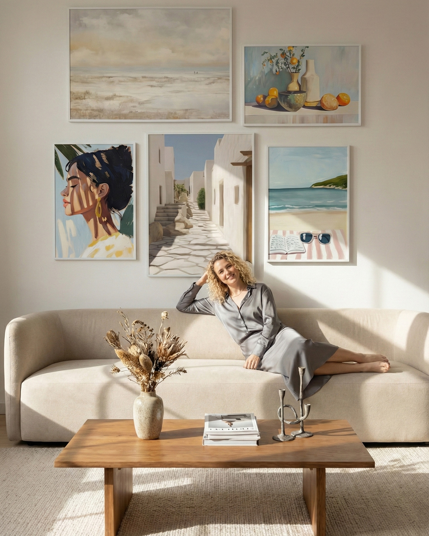 Gallery wall with multiple thin metal picture frames in contemporary dark living room.