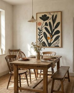 Botanical art in rustic wood frame in dining room with wooden table and chairs.