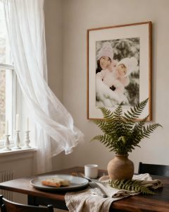 Soft botanical photography in natural timber frame standing on wooden table.