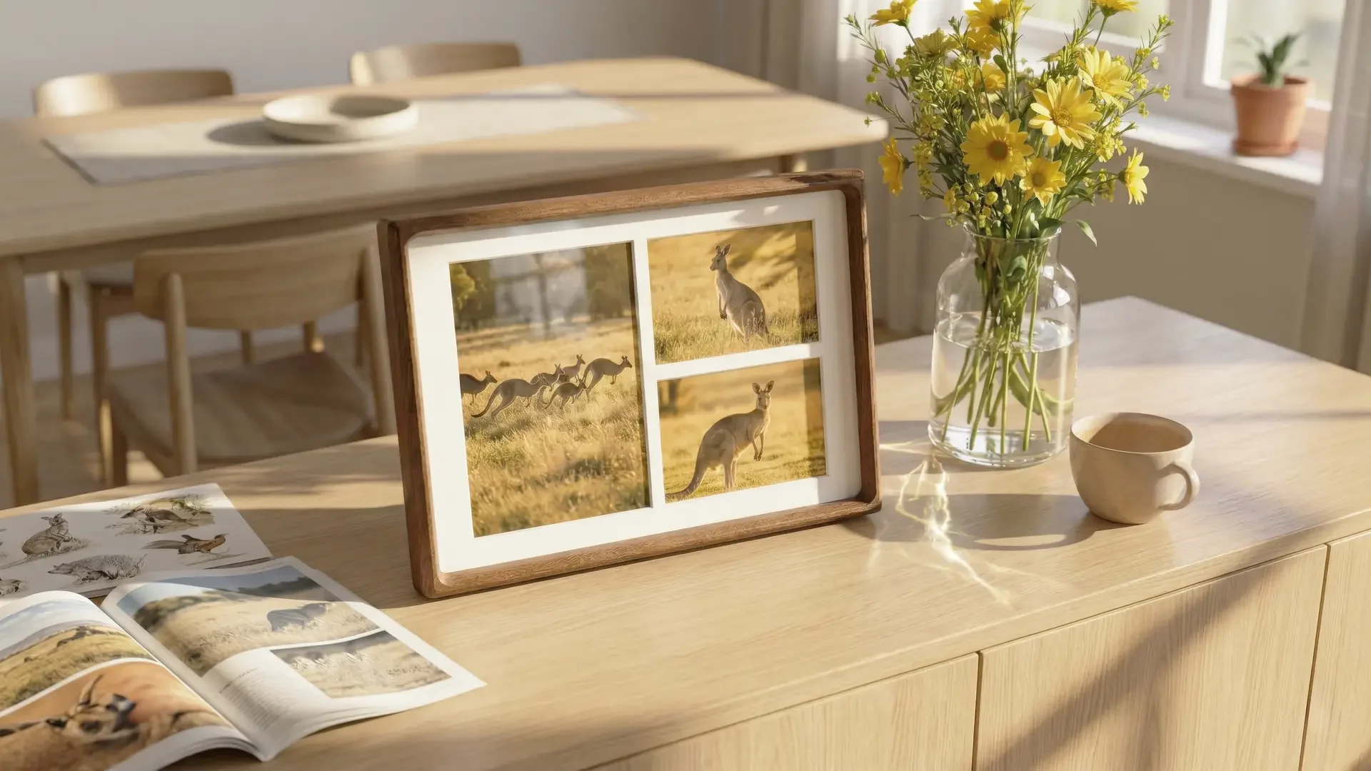 Solid timber collage photo frame with kangaroo prints on a sunlit timber sideboard.