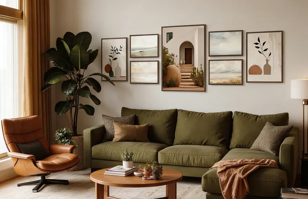 Botanical gallery wall frame grid above green sofa.