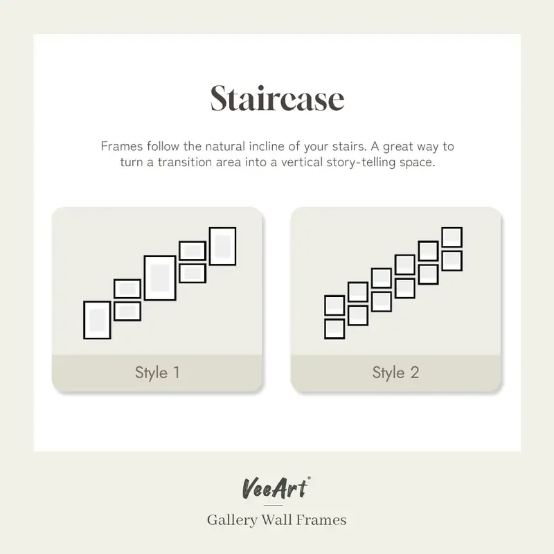Staircase gallery wall frame layout.