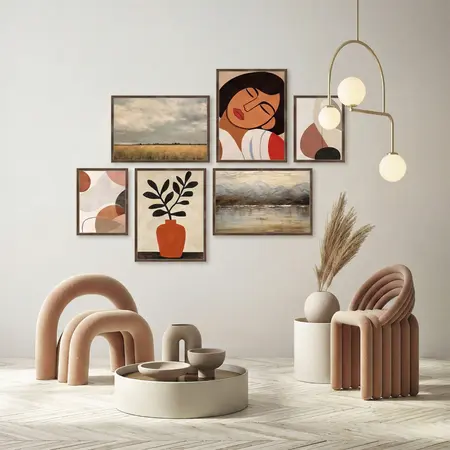 Modern asymmetrical gallery wall frame layout.