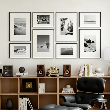 Mixed-size gallery wall frame on accent wall.