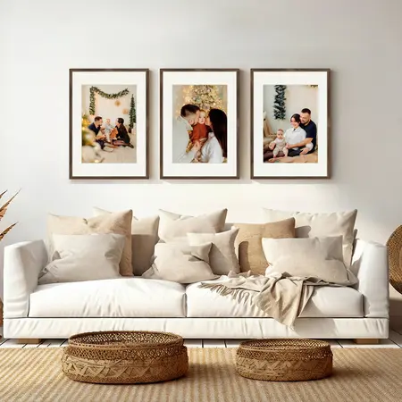 3-piece gallery wall frame grid above sofa.