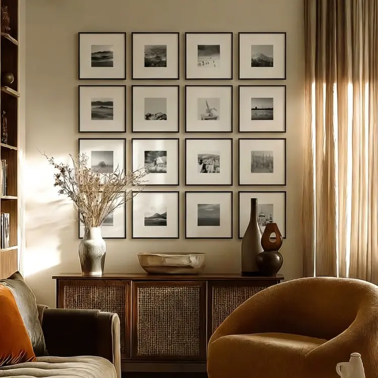 Large horizontal gallery wall frame art display.