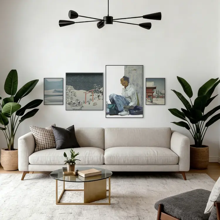 Coastal art gallery wall frame set above sofa.